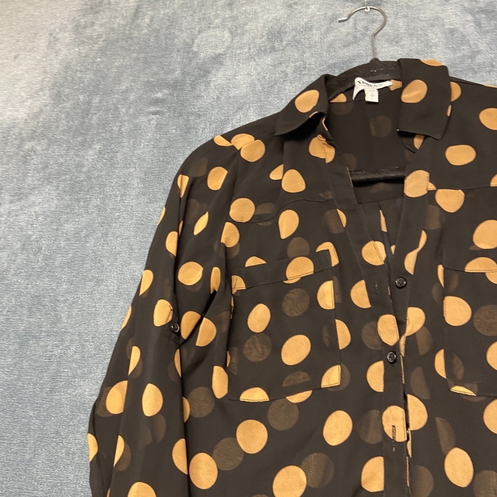 Express Portofino Blouse Top Womens Small Black Yellow Button Front Polka Dot - Picture 5 of 13